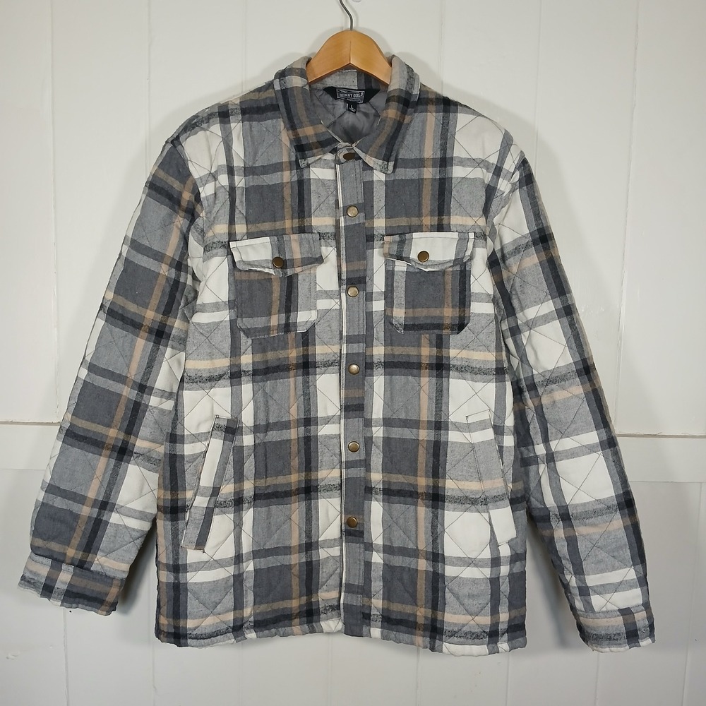 VTG Benny Gold Quilted Flannel Shirt Jacket Mens Large Grey Plaid Streetwear